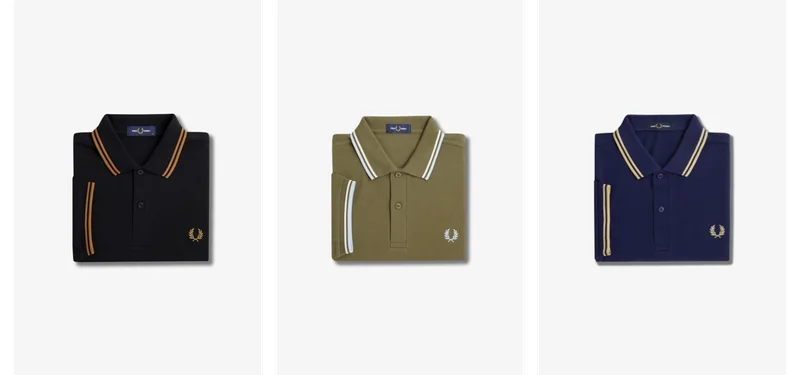 Collage of varied coloured twin tipped Fred Perry shirts