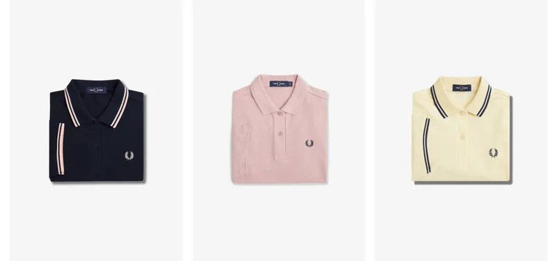 Collage of varied coloured, womens, twin tipped Fred Perry shirts