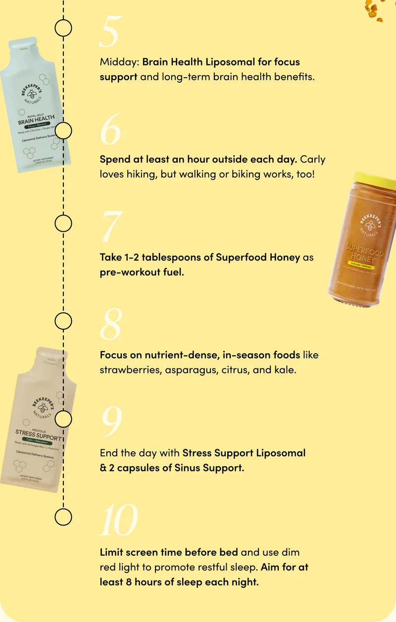 Midday: Brain Health Liposomal for focus support and long-term brain health benefits. Spend at least an hour outside each day. Carly loves hiking, but walking or biking works, too! Take 1-2 tablespoons of Superfood Honey as pre-workout fuel. Focus on nutrient-dense, in-season foods like strawberries, asparagus, citrus, and kale. End the day with Stress Support Liposomal & 2 capsules of Sinus Support. Limit screen time before bed and use dim red light to promote restful sleep. Aim for at least 8 hours of sleep each night.