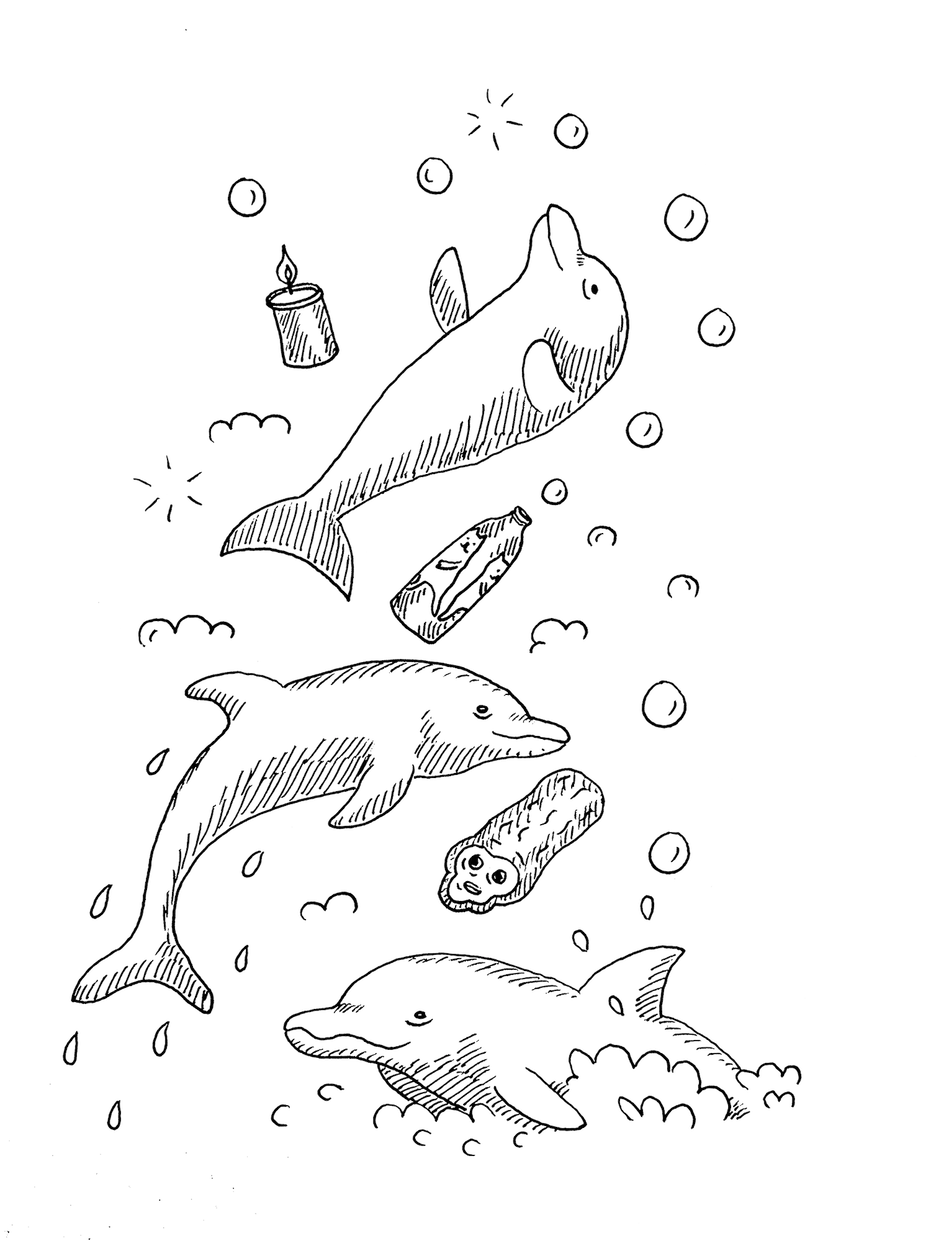 Three dolphins playing in bubbles