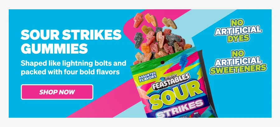 SOUR STRIKES GUMMIES: Shaped like lightning bolts and packed with four bold flavors. No artificial dyes, no artificial sweeteners. Shop now!