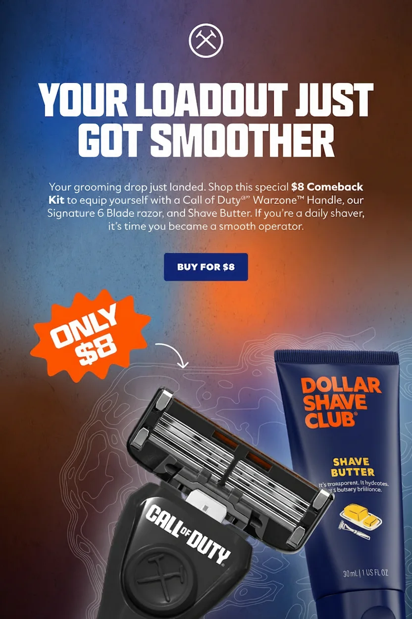 Dollar Shave Club $8 Call of Duty Warzone grooming kit with razor and shave butter.