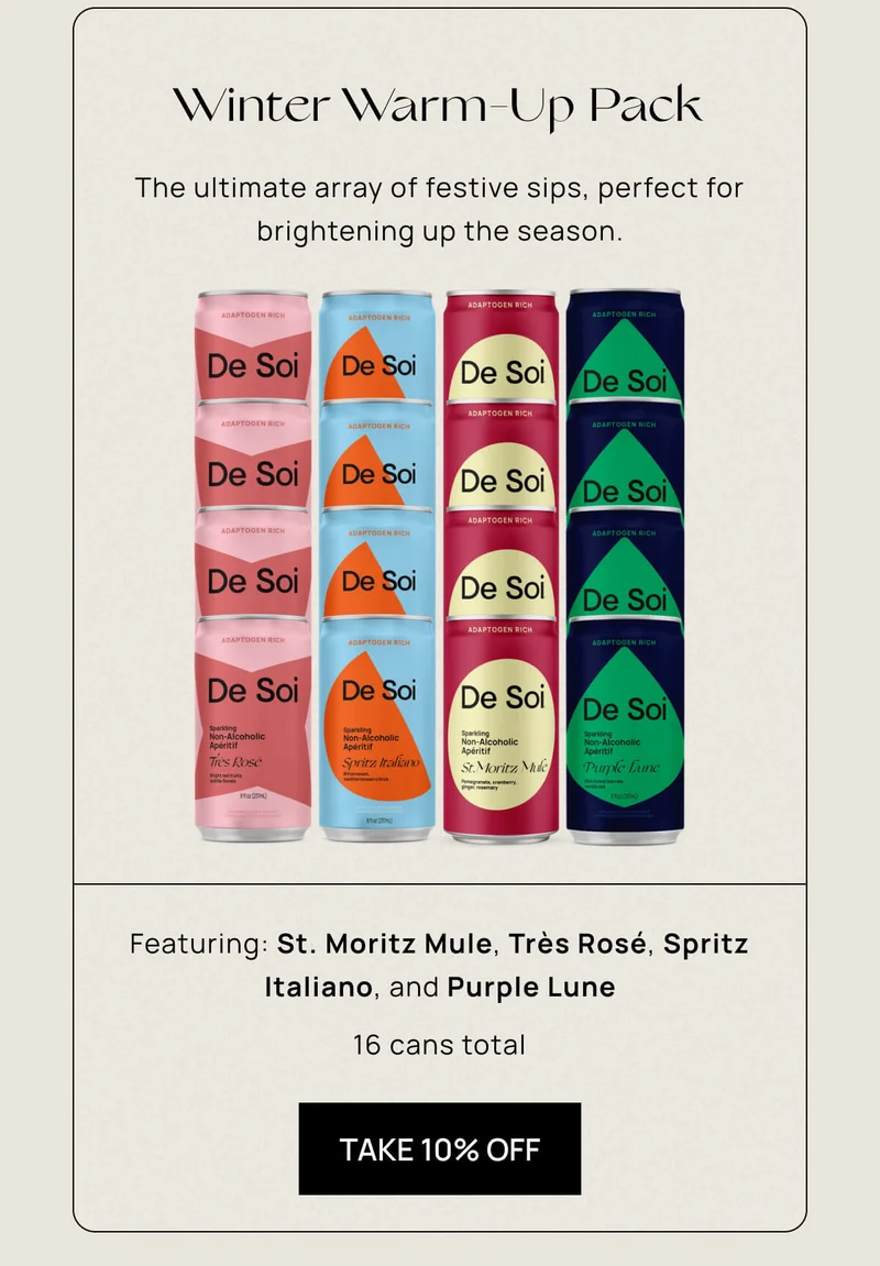 Winter Warm-Up Pack | The ultimate array of festive sips, perfect for brightening up the season. |  Featuring: St. Moritz Mule, Très Rosé, Spritz Italiano, and Purple Lune | 16 cans total  |  Take 10% Off
