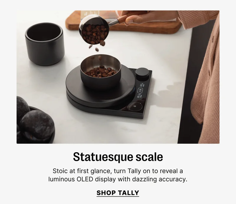 Statuesque scale Stoic at first glance, turn Tally on to reveal a luminous OLED display with dazzling accuracy. shop tally