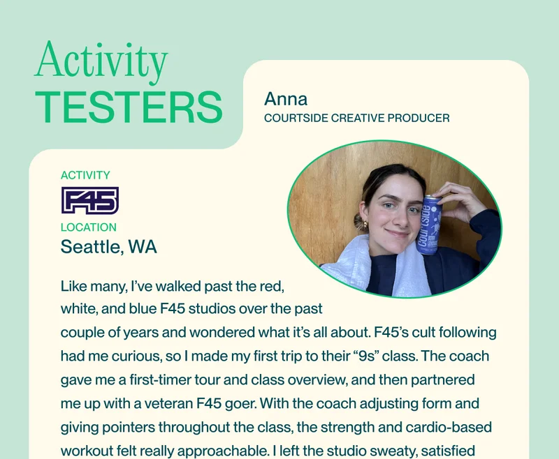 Activity Testers Like many, I’ve walked past the red,  white, and blue F45 studios over the pastwhite, and blue F45 studios over the past couple of years and wondered what it’s all about. F45’s cult following had me curious, so I made my first trip to their “9s” class. The coach gave me a first-timer tour and class overview, and then partnered me up with a veteran F45 goer. With the coach adjusting form and giving pointers throughout the class, the strength and cardio-based workout felt really approachable. I left the studio sweaty, satisfied and proud of what we  accomplished. If you enjoy weight training, mobility, HIIT, or any of the like and you’re looking for a community that gets you feeling strong, check out an F45 near you! video recap