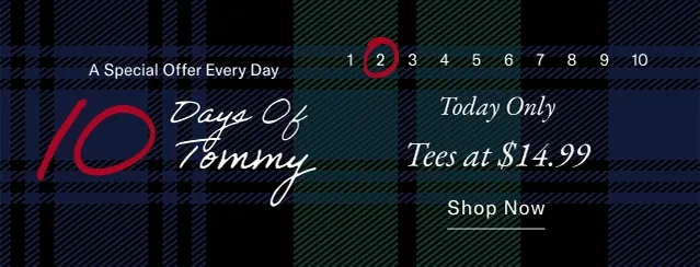 A special offer everyday                                            10 days of Tommy                                            Today only tees at $14.99 Shop now