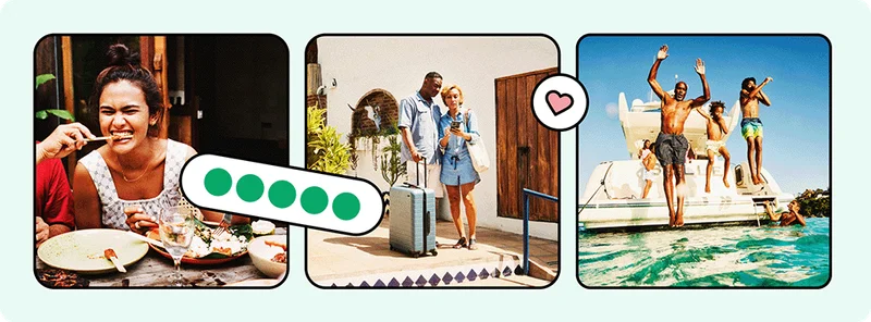 Image Description: A person eating food, two people outside with luggage looking at a phone, and three people jumping off of a boat into the water. Review bubbles and hearts are on the images.