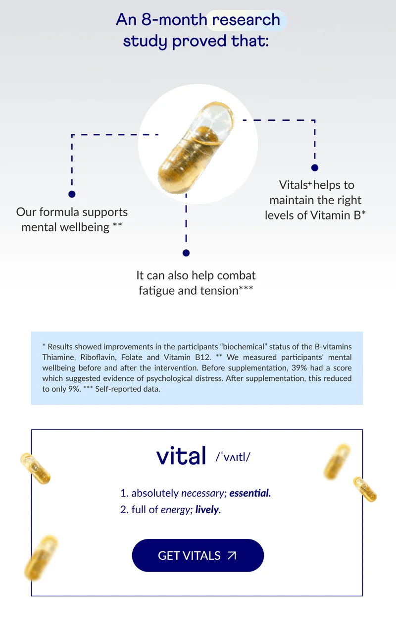 Our formula has the power to improve mental health.  Vitals+ can correct undiagnosed Vitamin B deficiencies.