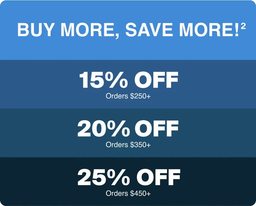 Buy more, save more -- 15% off orders $250+ -- 20% off orders $350+ -- 25% off orders $450+