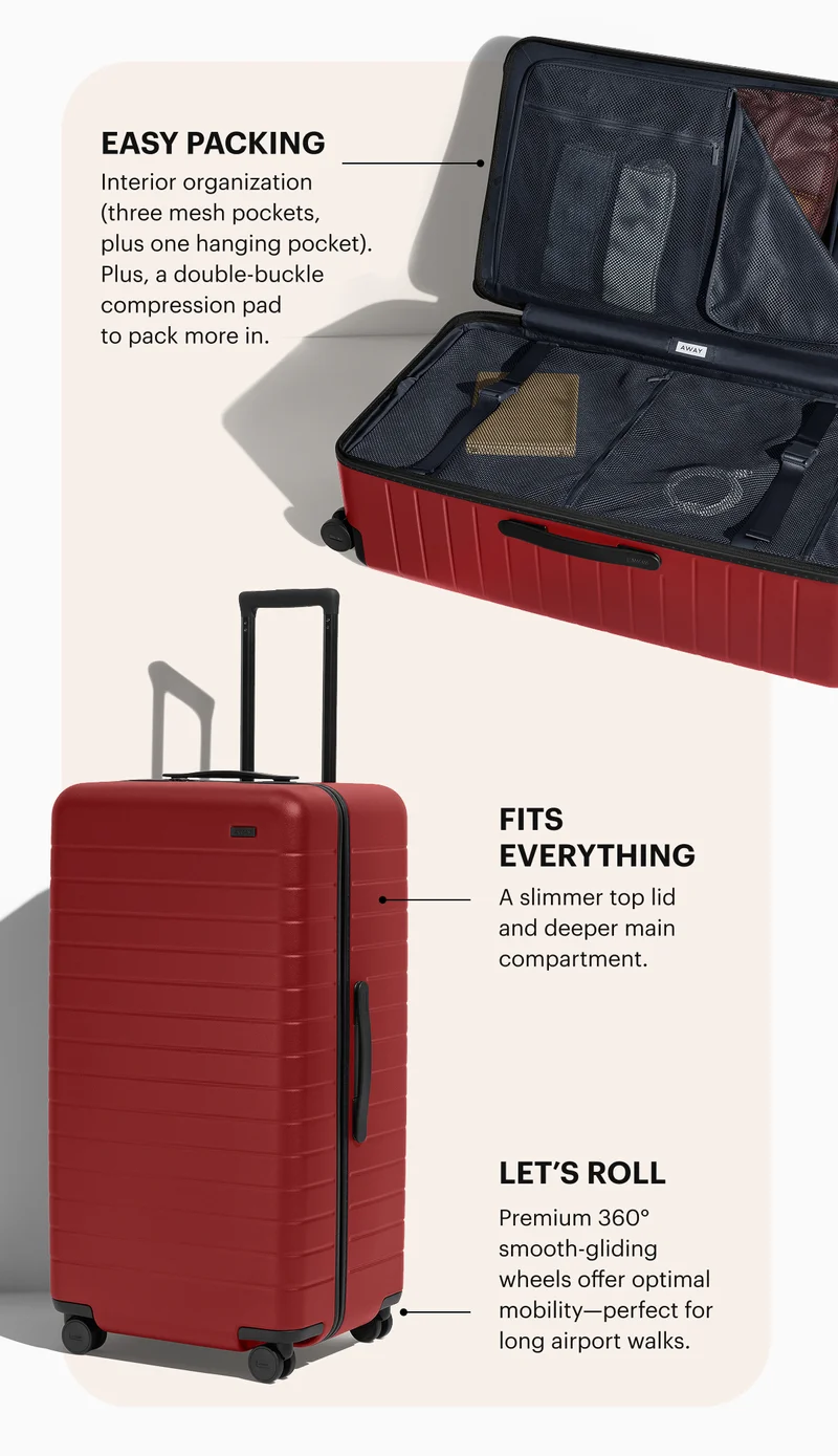 A slimmer top lid and deeper main compartment - Interior organization (three mesh pockets, plus one hanging pocket. Plus, a double-buckle compression pad to pack more in - Premium 360 smooth-gliding wheels
