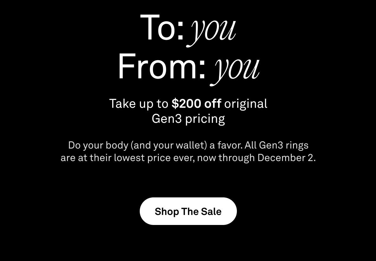 To: you. From: you. Take up to $200 off original Gen3 pricing. Do your body (and your wallet) a favor. Get Gen3 styles and finishes for the lowest price ever. Starting at $249, now through December 2.
