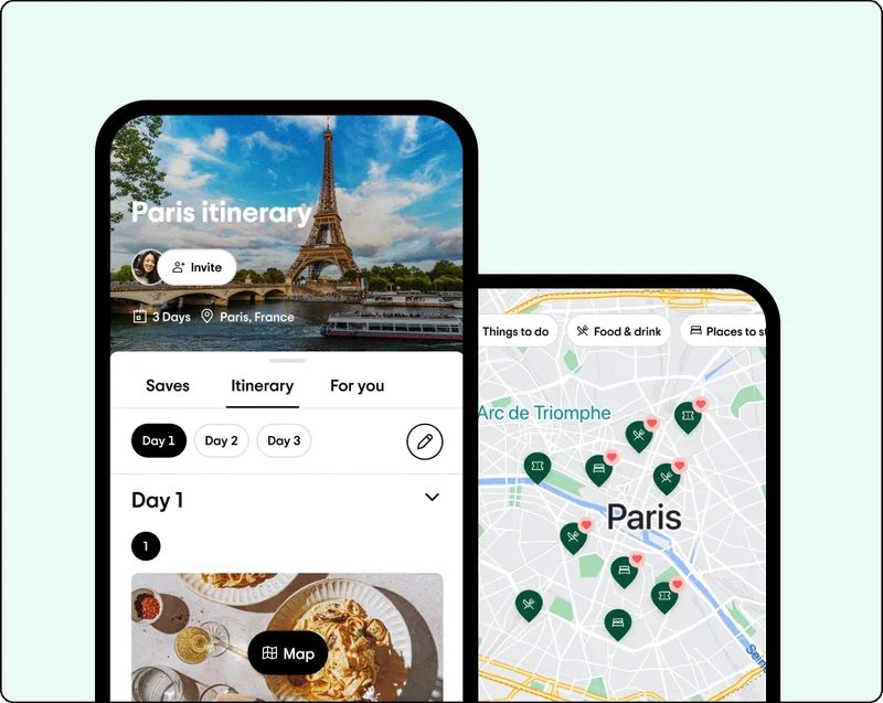 Image Description: Two phone screens show a trip itinerary to Paris. The larger phone screen on the left shows the itinerary broken up into three days with Day 1 and a photo of a restaurant table at the top. The smaller phone screen on the right shows a map of Paris with icons spread out across the map.