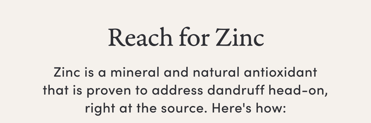 Reach for Zinc | Zinc is a mineral and natural antioxidant that is proven to address dandruff head-on, right at the source. Here's how: