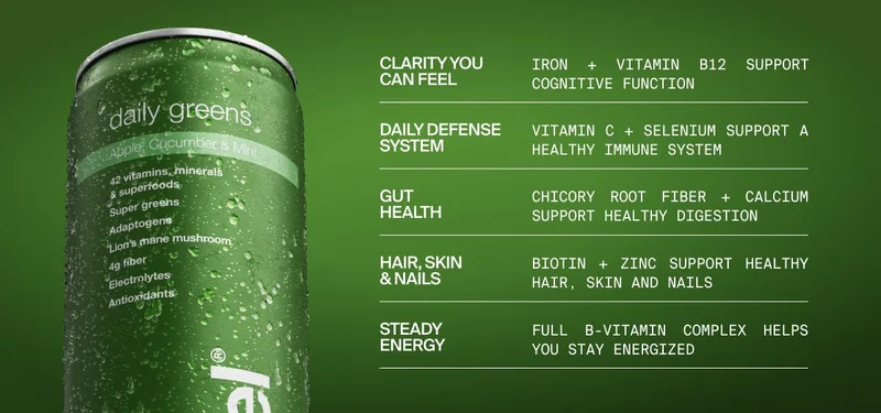 Close-up Huel Daily Greens can with callouts highlighting benefits for focus, immunity, digestion, skin, and energy.