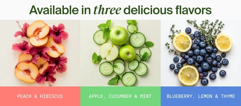Flat lay of fruits and herbs for three Huel Daily Greens flavors: Peach & Hibiscus, Apple & Mint, Blueberry & Lemon.