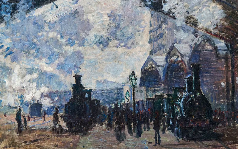 Oil painting of train station platform with a steam train pulling away in hues of blue and gray.