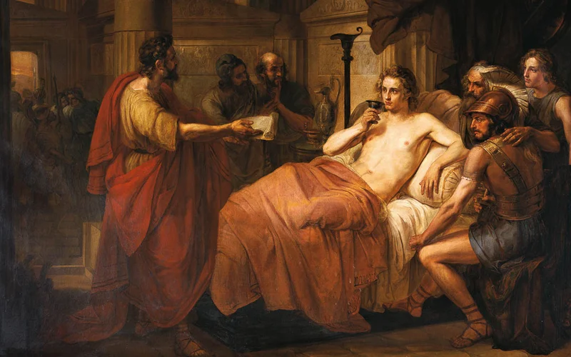 The sick Alexander (Alessandro infermo), by Domenico Induno, 19th Century, oil on canvas. Alexander drinks from a cup to show his trust in the doctor who gave it to him and condemns Parmenione who told him he would be poisoned.