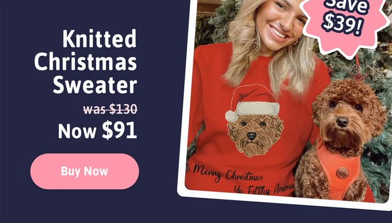 Custom Knitted Pet Face Christmas Sweater. Was $130. Now $91. Save $39! Buy Now.