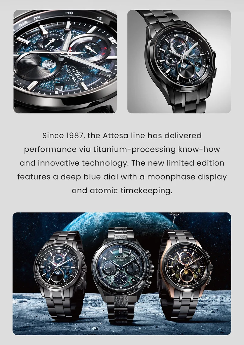 Since 1987, the Attesa line has delivered performance via titanium-processing know-how and innovative technology. The new limited edition features a deep blue dial with a moonphase display and atomic timekeeping.