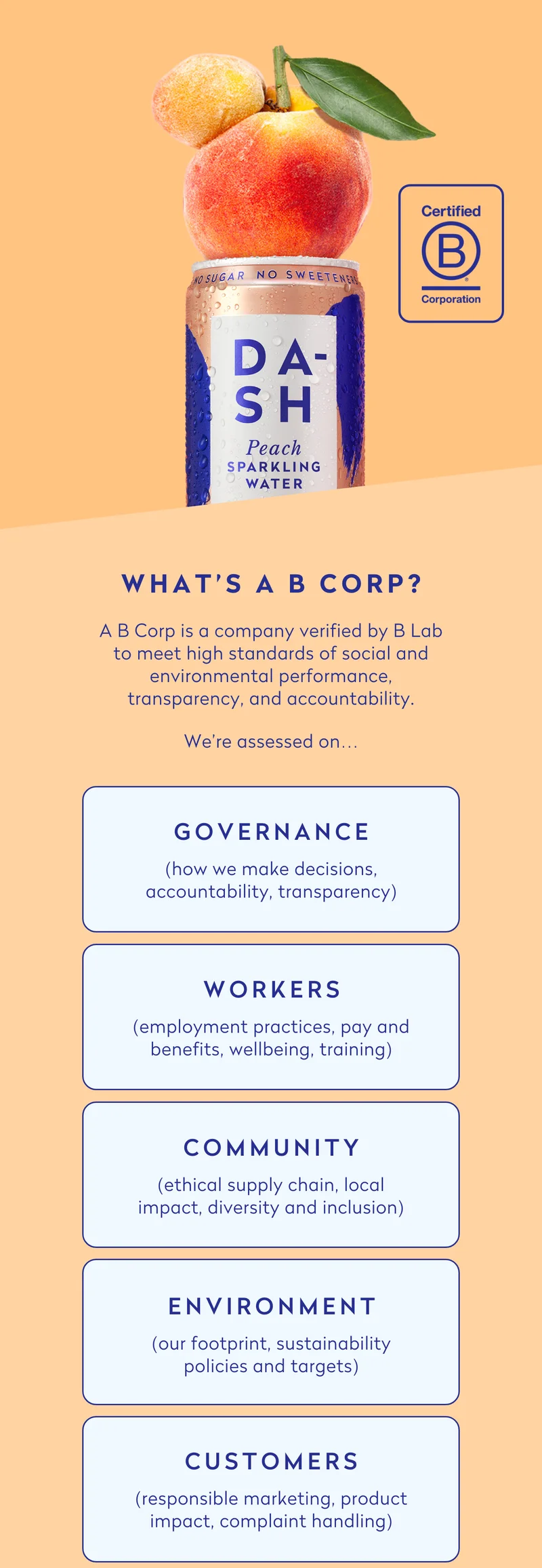 We’re assessed on…  - Governance&nbsp;(how we make decisions, accountability, transparency) - Workers&nbsp;(employment practices, pay and benefits, wellbeing, training) - Community&nbsp;(ethical supply chain, local impact, diversity and inclusion) - Environment&nbsp;(our footprint, sustainability policies and targets) - Customers&nbsp;(responsible marketing, product impact, complaint handling)