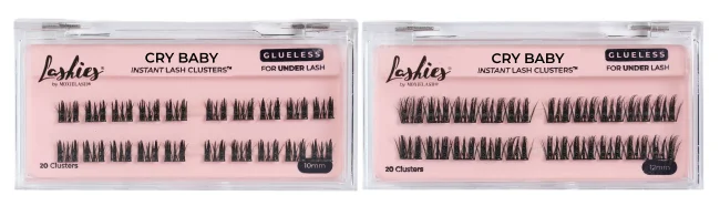 Cry Baby Instant Lash Clusters in pink packaging, showing individual wispy lash clusters in multiple lengths