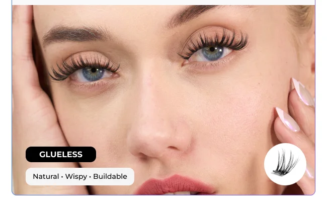 Close-up of model wearing natural, wispy Cry Baby Cluster lashes with a lightweight, lifted finish.