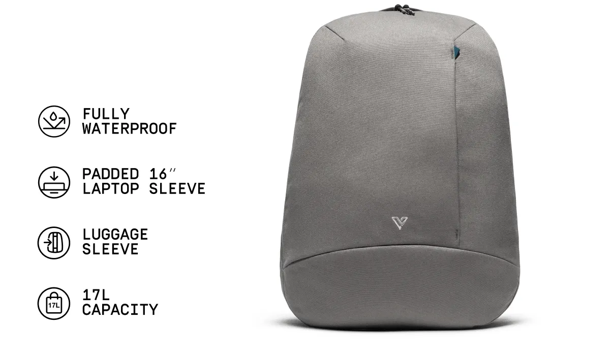 GIF of the new Astoria Backpack in Black and Limewash. FULLY WATERPROOF. PADDED 16" LAPTOP SLEEVE. LUGGAGE SLEEVE. 17L CAPACITY.