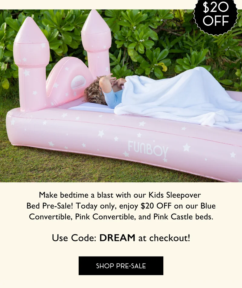 $20 Off! | Make bedtime a blast with our Kids Sleepover Bed Pre-Sale! Today only, enjoy $20 OFF on our Blue Convertible, Pink Convertible, and Pink Castle beds. Use Code: discount code at checkout! | SHOP PRE-SALE