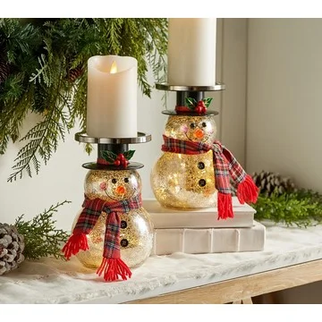Set of 2 Lit Mercury Glass Snowmen Pedestals by Valerie