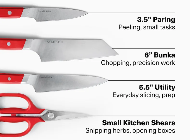 3.5" Paring Peeling, small tasks | 6” Bunka Chopping, precision work |  5.5" Utility Everyday slicing, prep |. Small Kitchen Shears Snipping herbs, opening boxes