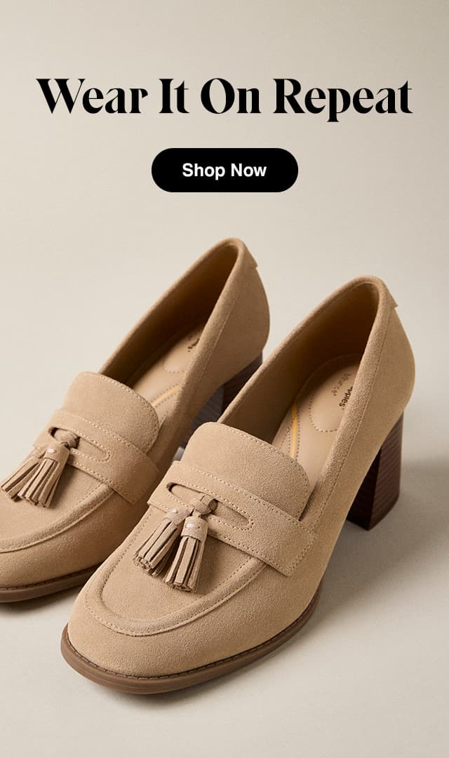 A moss green background with a stack of the Ozzie Loafer in four colors: black, gold, beige, and bronze. The email says Best-Selling Loafer. Shop the Ozzie