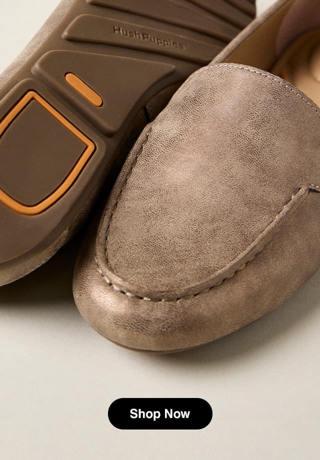 A pair of the Ozzie Loafers in Bronze facing opposite direction. The text says A subtle metallic finish gives classic loafers a pretty hint of shine Shop Ozzie
