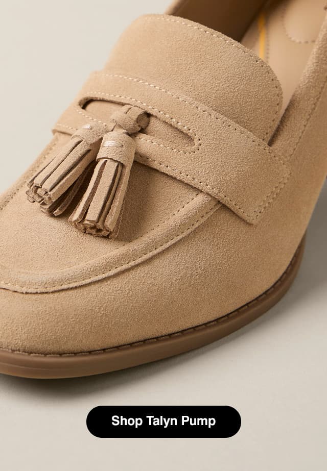A close-up of the loafer tassel detail on the Talyn Pump.