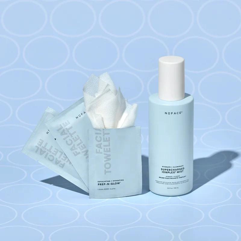 Supercharged IonPlex Mist paired with Prep-N-Glow wipes against light blue background.