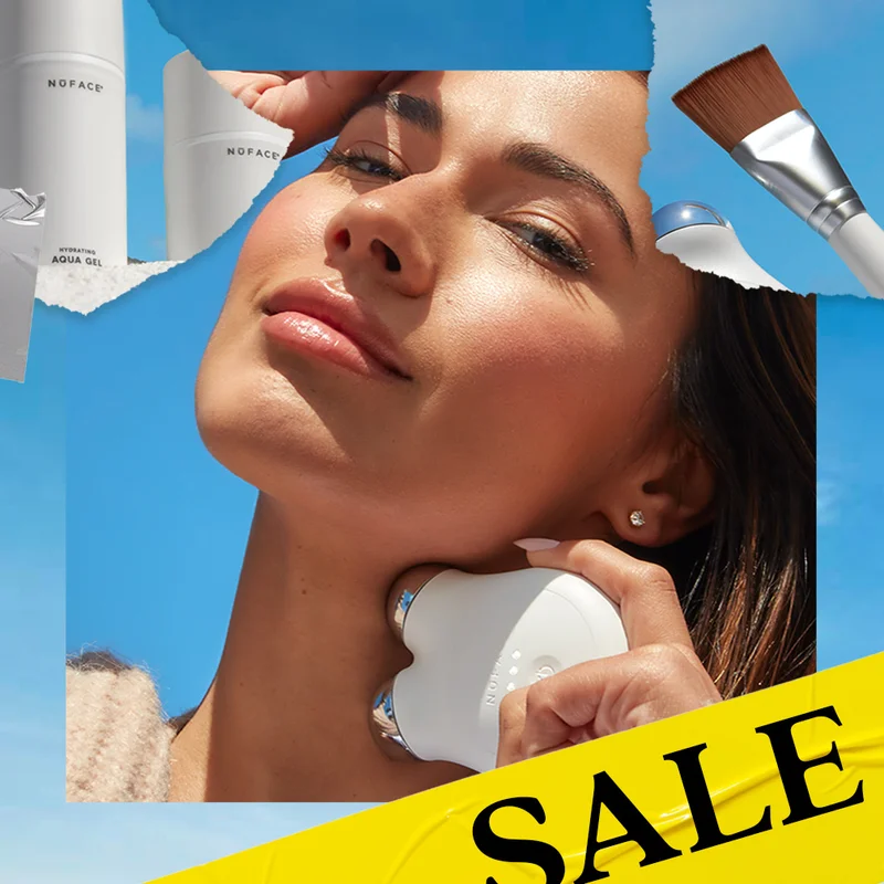 A collage of a woman holding MINI+ to her neck next to the NuFACE Clean Sweep Brush and Hydrating Aqua Gel.