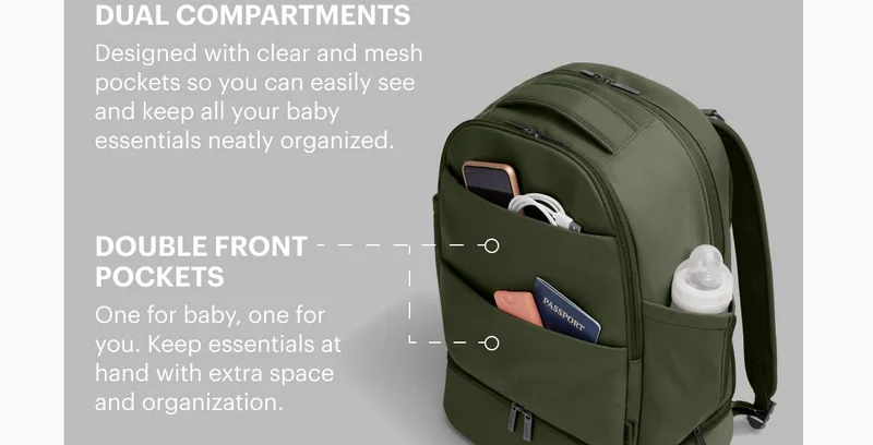 DOUBLE FRONT POCKETS. One for baby, one for you. Keep essentials at hand with extra space and organization.