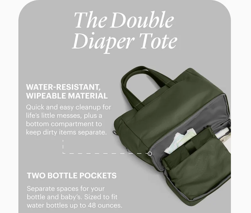 The Double Diaper Tote. WATER-RESISTANT, WIPEABLE MATERIAL. Quick and easy cleanup for life’s little messes, plus a bottom compartment to keep dirty items separate.
