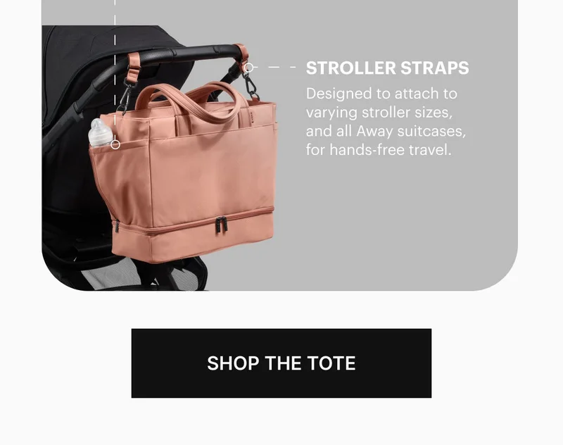 TWO BOTTLE POCKETS. Separate spaces for your bottle and baby’s. Sized to fit water bottles up to 48 ounces. STROLLER STRAPS. Designed to attach to varying stroller sizes, and all Away suitcases, for hands-free travel. SHOP THE TOTE