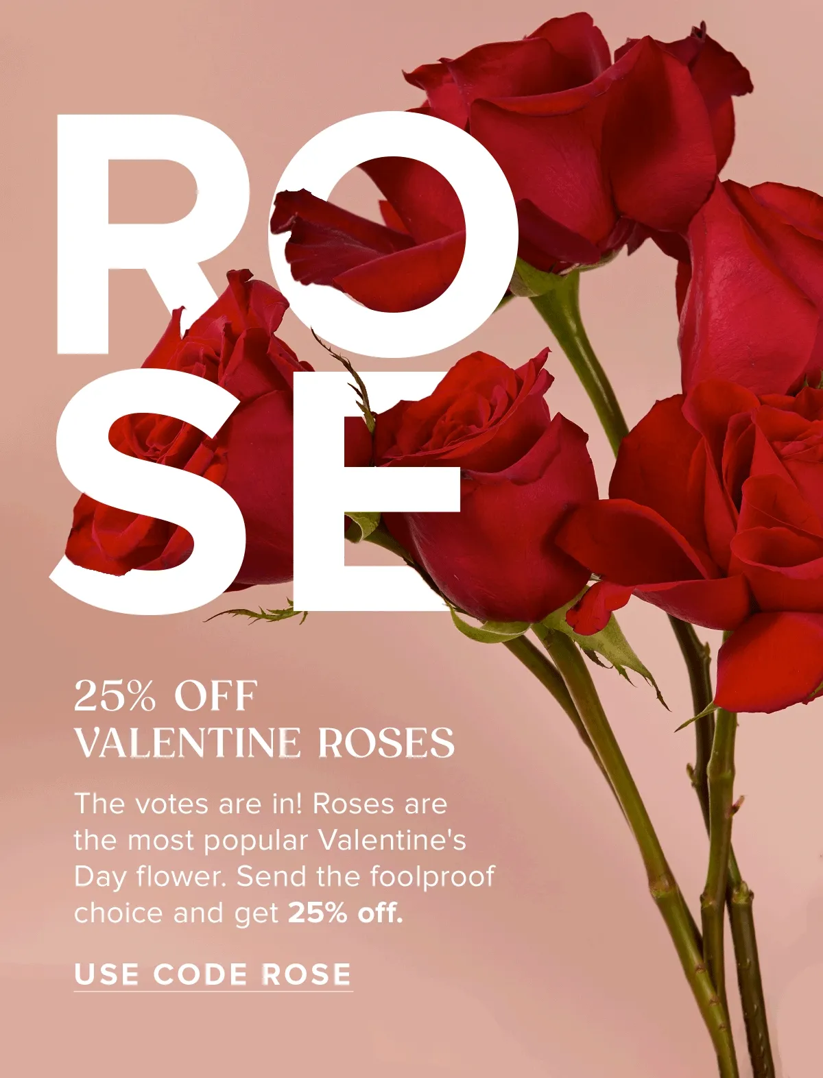 ROSE SALE. 25% Off Valentine Roses. The votes are in! Roses are the most popular Valentine's Day flowers. Send the foolproof choice and get 25% off. Use code ROSE