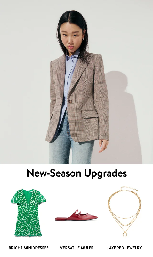 A woman wearing a brown blazer, blue shirt and jeans. A green floral-print minidress, a red pointed-toe flat and a gold necklace.