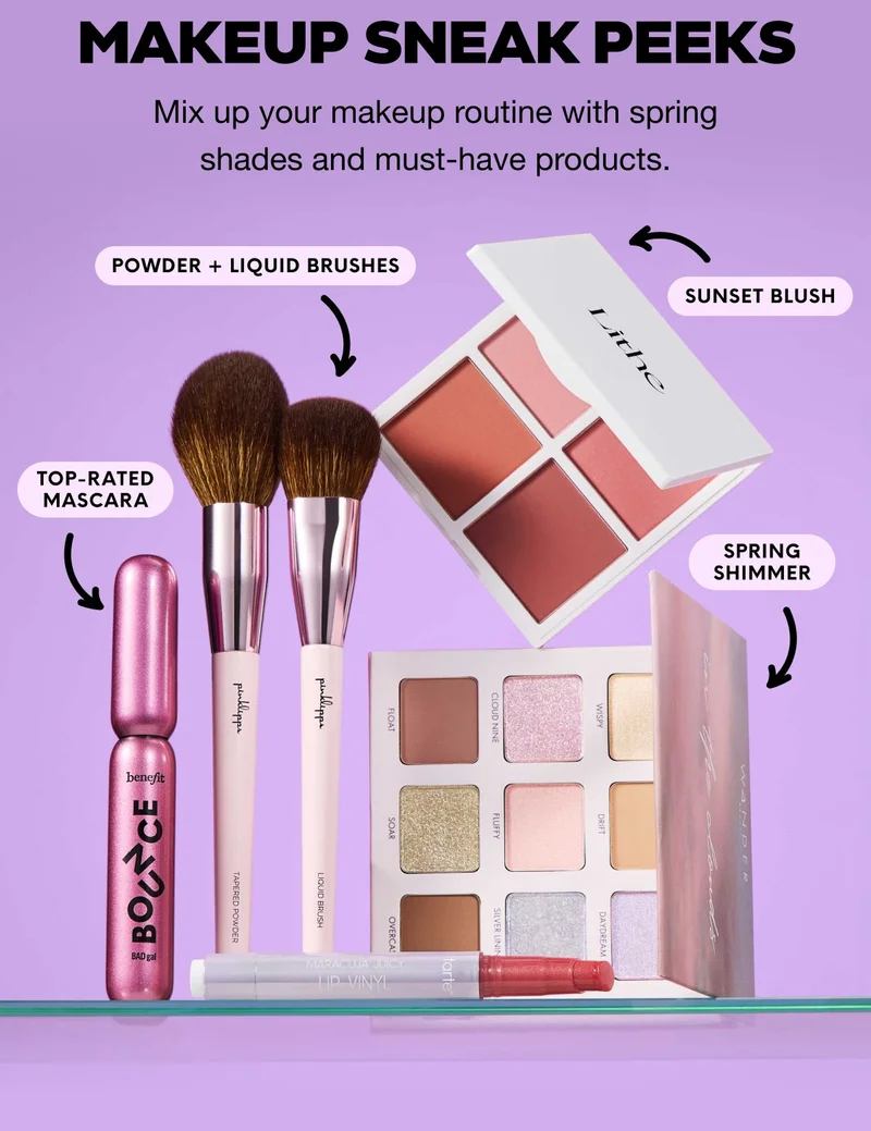 MAKEUP SNEAK PEEKS - Mix up your makeup routine with spring shades and must-have products. Powder + Liquid Brushes - Sunset Blush - Top-Rated Mascara - Spring Shimmer