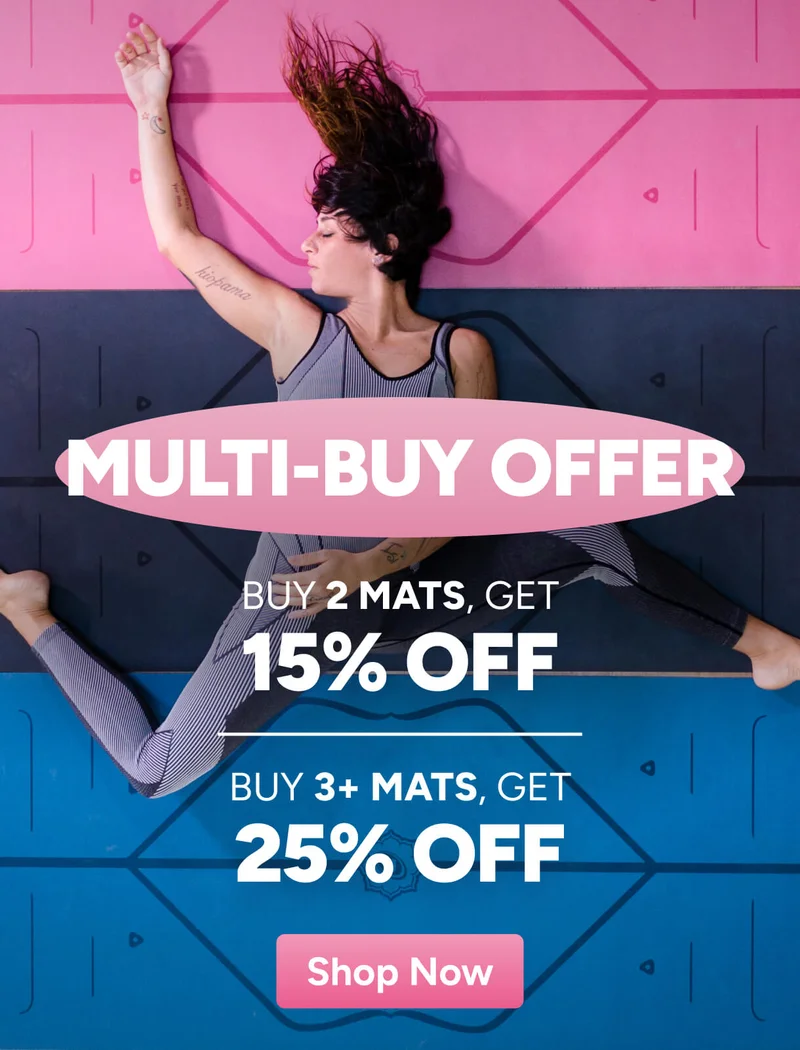 Multi-buy offer: Buy 2 yoga mats, get 15% off. Buy 3+, get 25% off