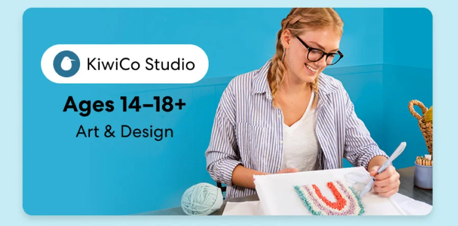 Smiling teen holding a colorful KiwiCo art and design project. Inspires creativity for ages 14–18+
