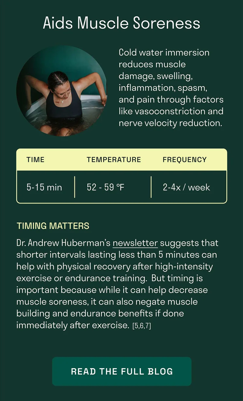 Aids Muscle Soreness. Cold water immersion reduces muscle damage, swelling, inflammation, spasm, and pain through factors like vasoconstriction and nerve velocity reduction.