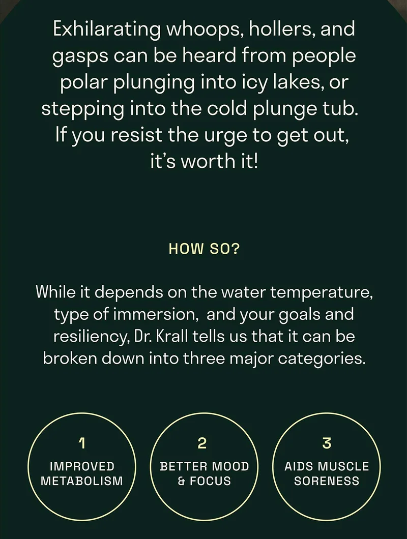 While it depends on the water temperature, type of immersion, and your goals and resilience, Dr. Krall tells us that it can be broken down into three major catagories.
