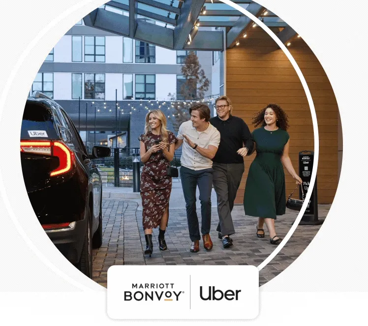 Carousel of three images: A group of friends getting out of an Uber. A phone with an Uber app and hotel keys. And a family enjoying Uber Eats in their hotel room.
