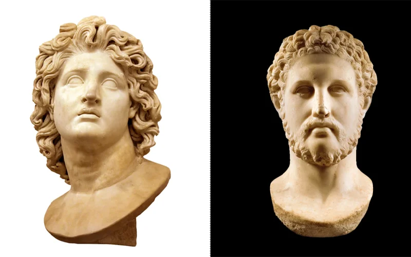 Two busts pictured side-by-side of Philip II (right, Chiaramonti Museum, Vatican) and Alexander the Great (left, Capitoline Museums, Rome), which are Roman copies of Greek originals.