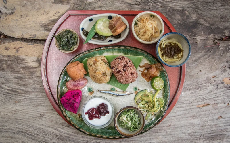 Chouju-zen, or longevity food, is displayed on a platter in Ogimi, Okinawa, Japan.