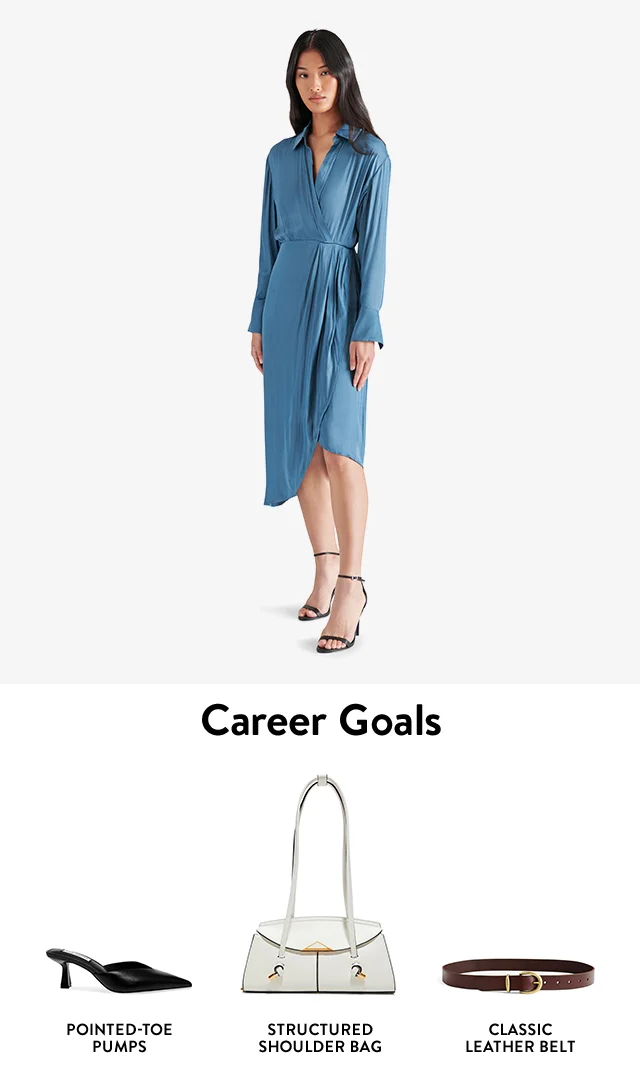 A woman wearing a blue shirtdress. A kitten-heel mule, a white handbag and a brown belt.