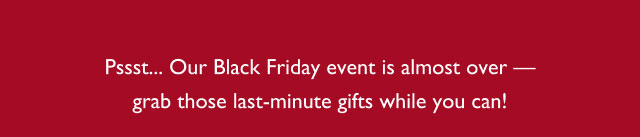Pssst... Our Black Friday event is almost over - grab those last-minute gifts while you can!